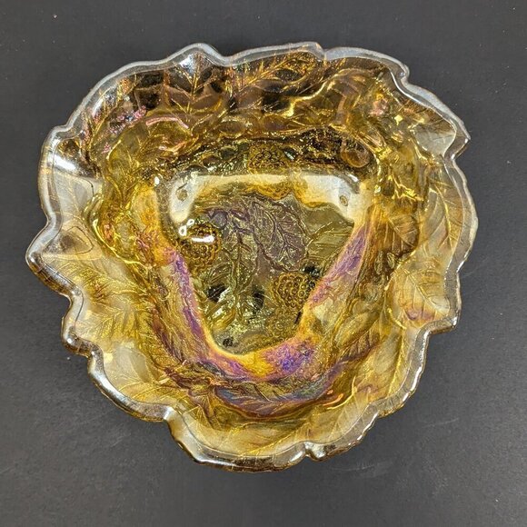 VINTAGE Marigold Carnival Glass Grapes Leaf Candy Dish Trinket - Picture 1 of 6
